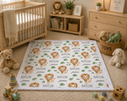 A personalized baby play mat featuring a repeating pattern of lion faces, green leaves, and names like 'Baylor' and 'James' on a cream background, styled in a warm, wooden nursery with toys and a crib.
