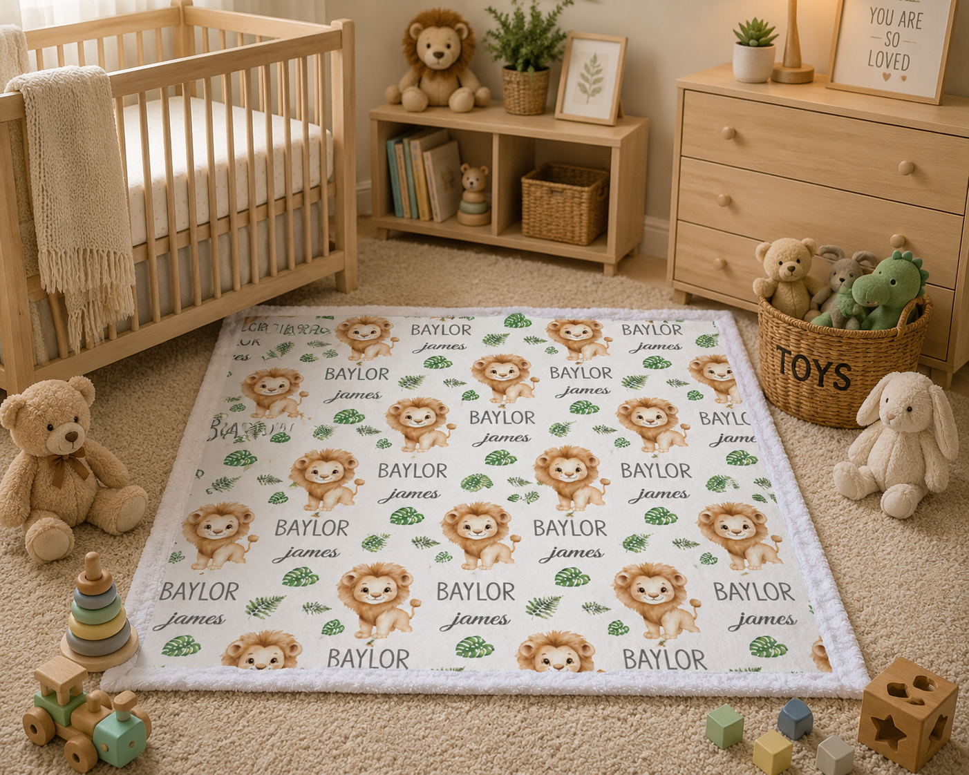 A personalized baby play mat featuring a repeating pattern of lion faces, green leaves, and names like 'Baylor' and 'James' on a cream background, styled in a warm, wooden nursery with toys and a crib.