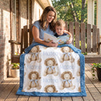 Mom reading to boy while personalized lion print minky blanket covers their laps on porch swing