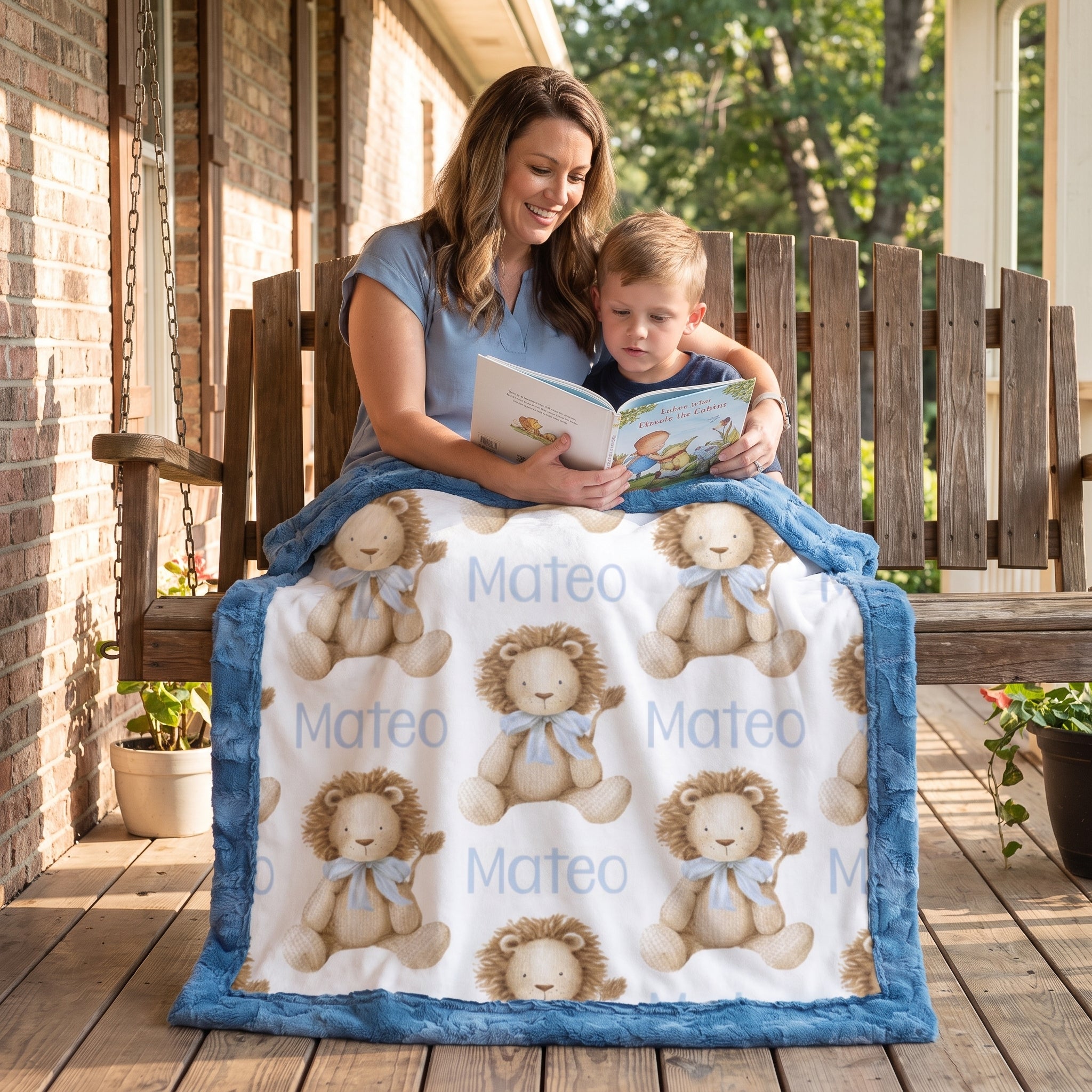 Mom reading to boy while personalized lion print minky blanket covers their laps on porch swing