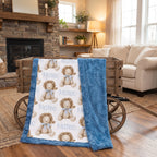 Personalized lion print minky baby blanket draped over a wooden wagon by fireplace