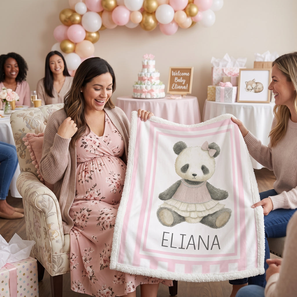 Pregnant mom shown personalized minky panda baby blanket at baby shower celebration