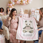 Pregnant mom shown personalized minky panda baby blanket at baby shower celebration
