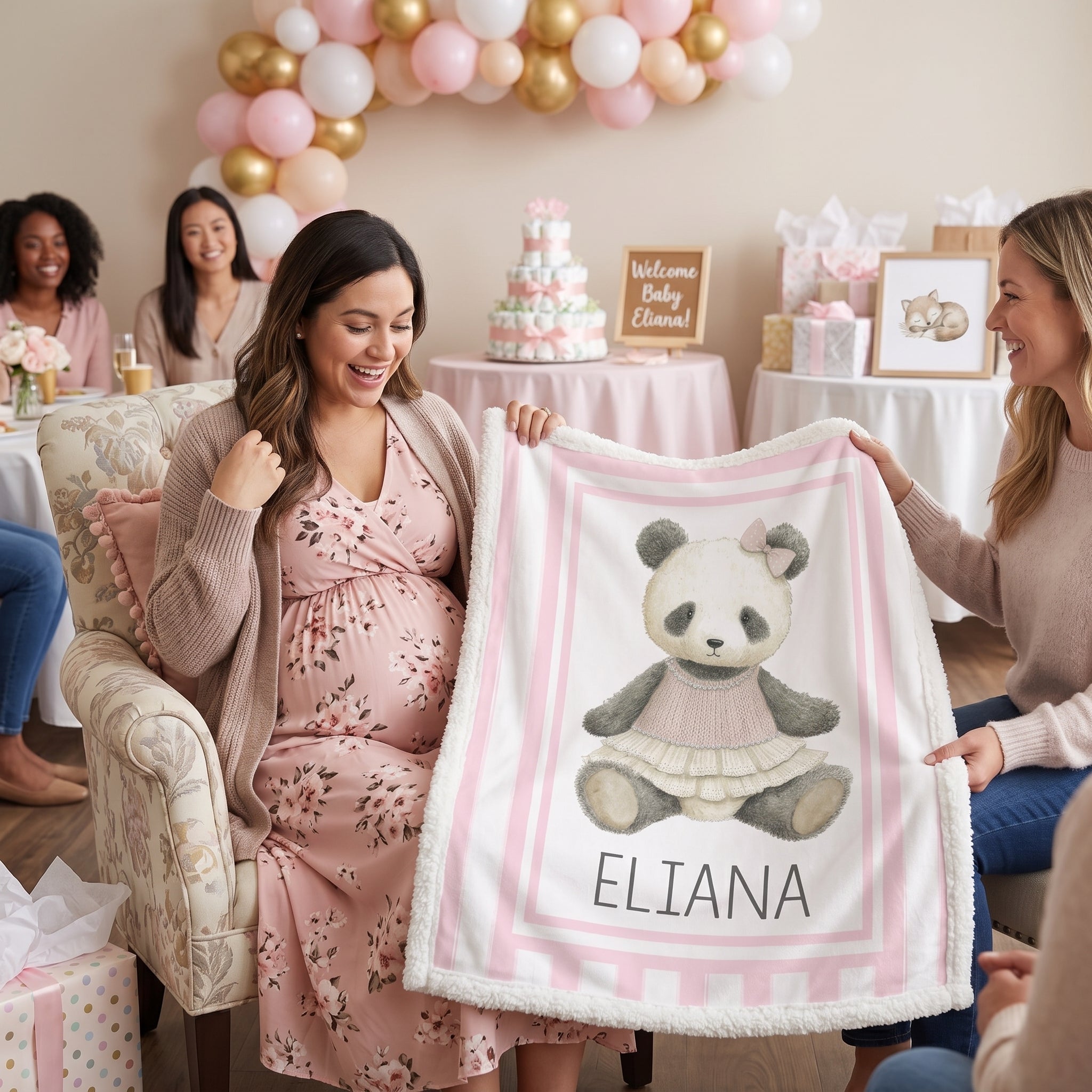 Pregnant mom shown personalized minky panda baby blanket at baby shower celebration