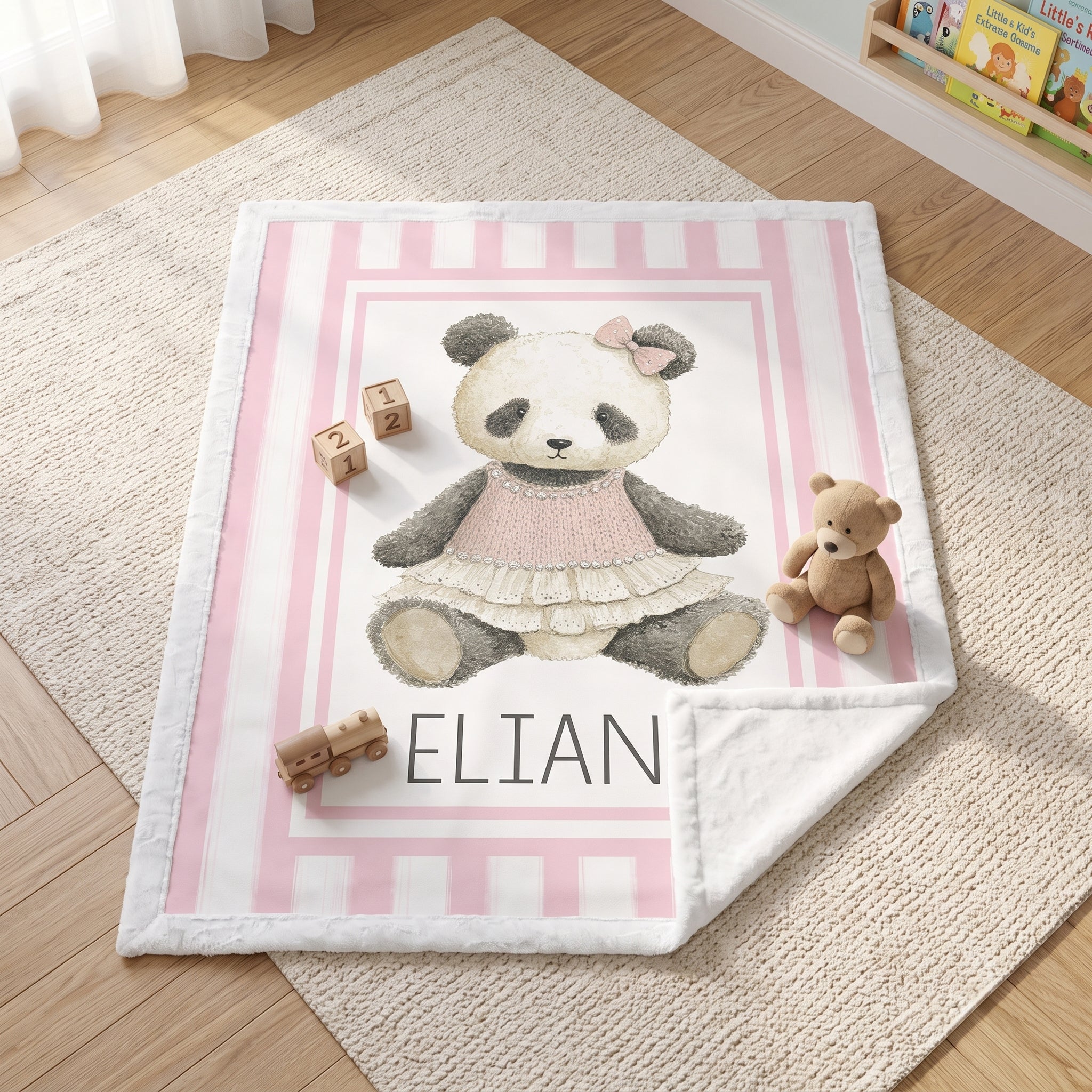 Personalized minky panda baby blanket flat-lay on nursery rug with toys