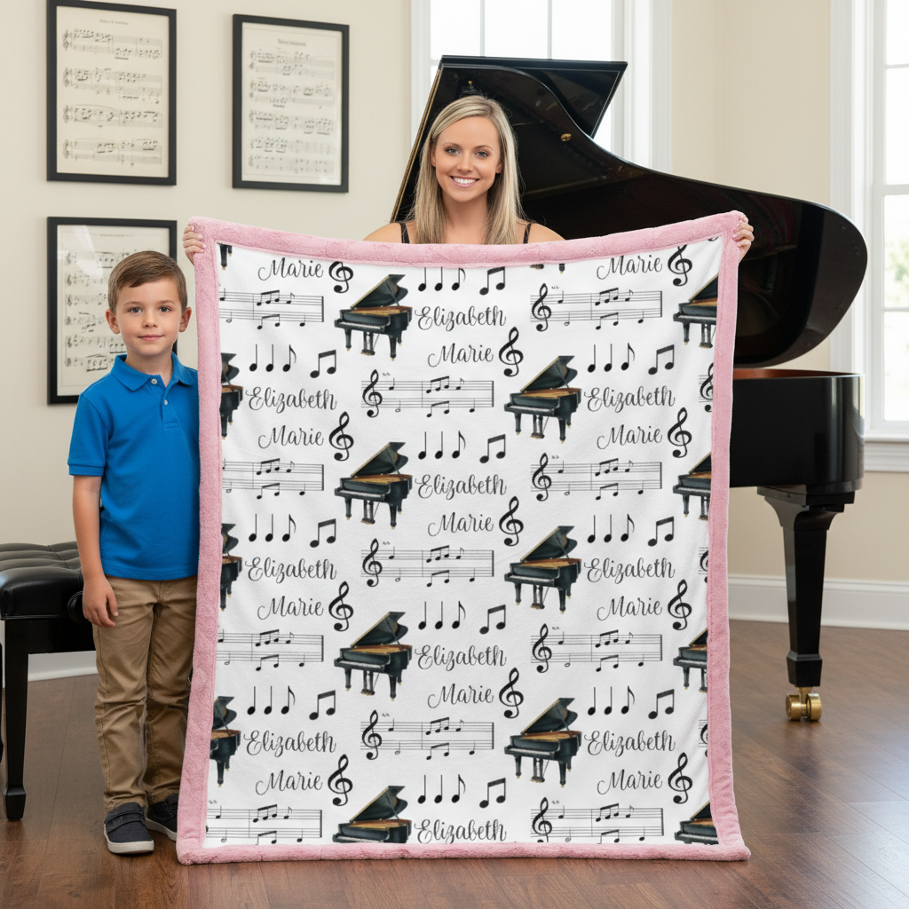 Mother and son holding personalized piano minky blanket with pink trim near a grand piano