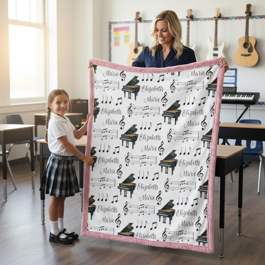 Mother and daughter holding personalized piano minky blanket with pink trim in a music classroom