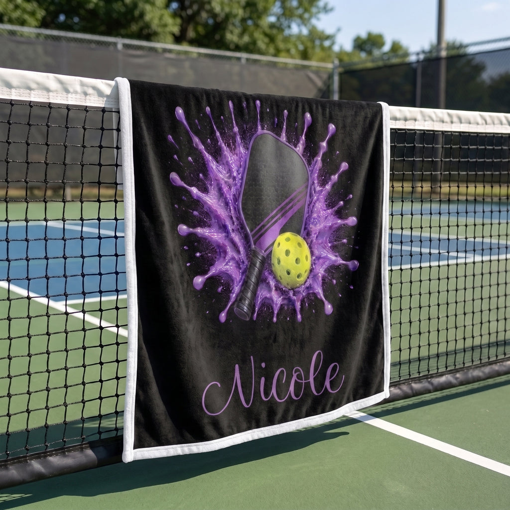 Personalized purple pickleball blanket with name Nicole draped over a courtside chair