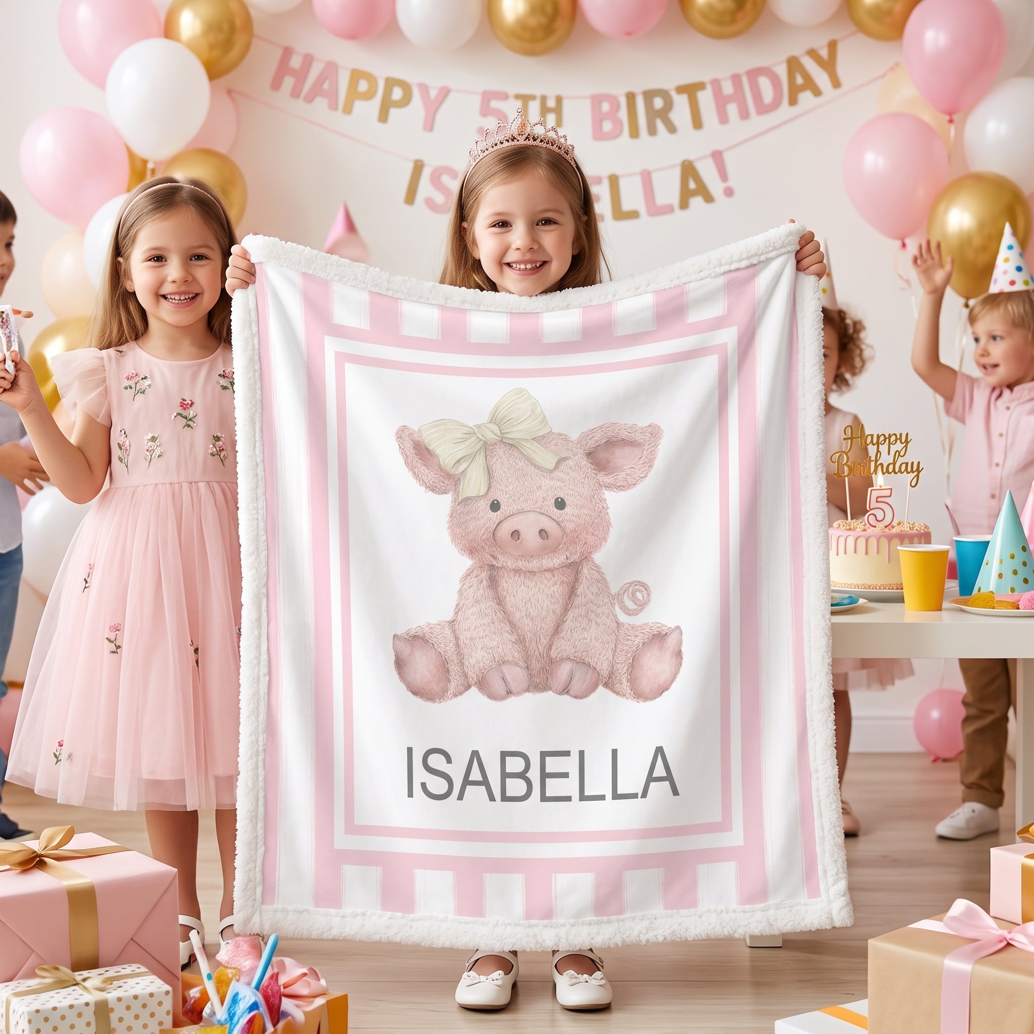 Girl holding personalized Luxe Cuddle Minky pig baby blanket at birthday party celebration