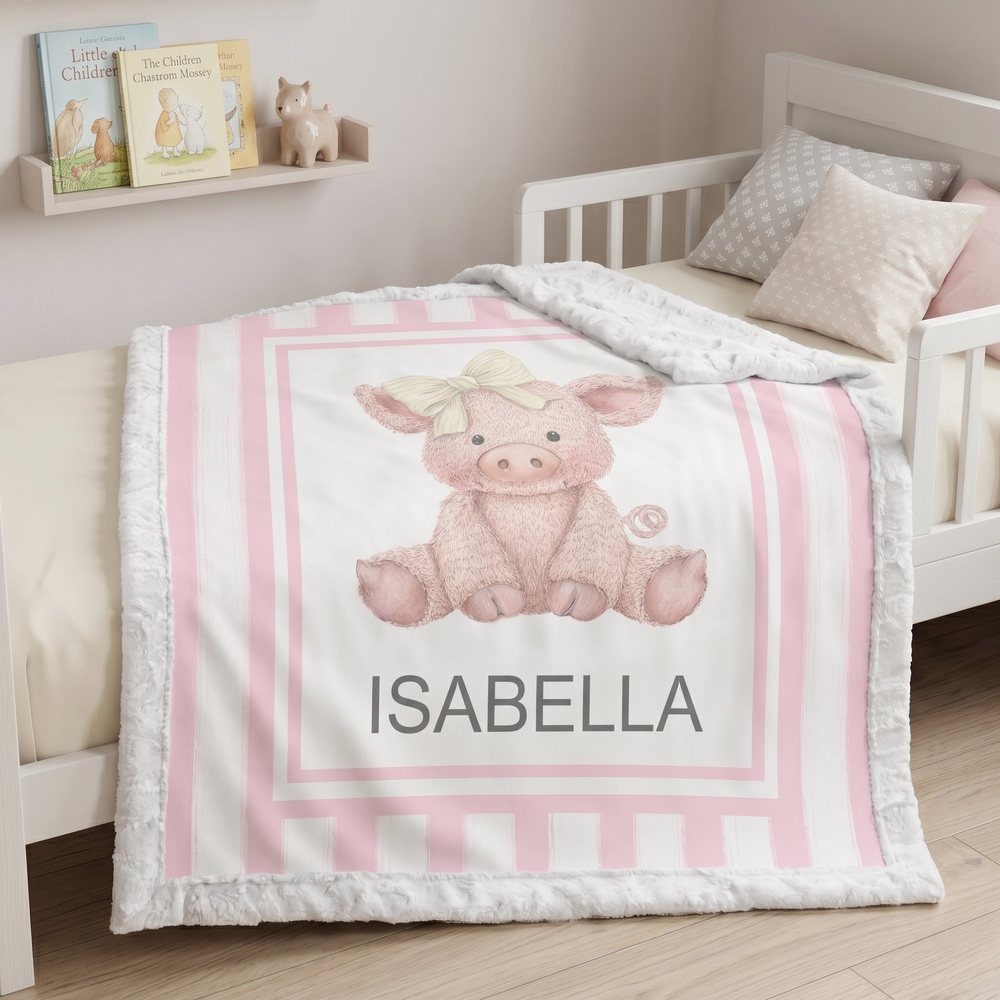 Personalized Luxe Cuddle Minky pig baby blanket with pink stripe border on toddler bed