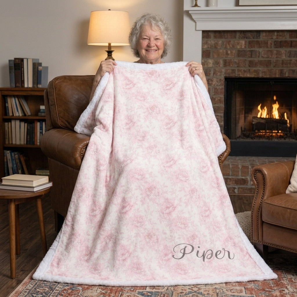 Woman holding personalized pink floral minky blanket with faux fur trim by lit fireplace