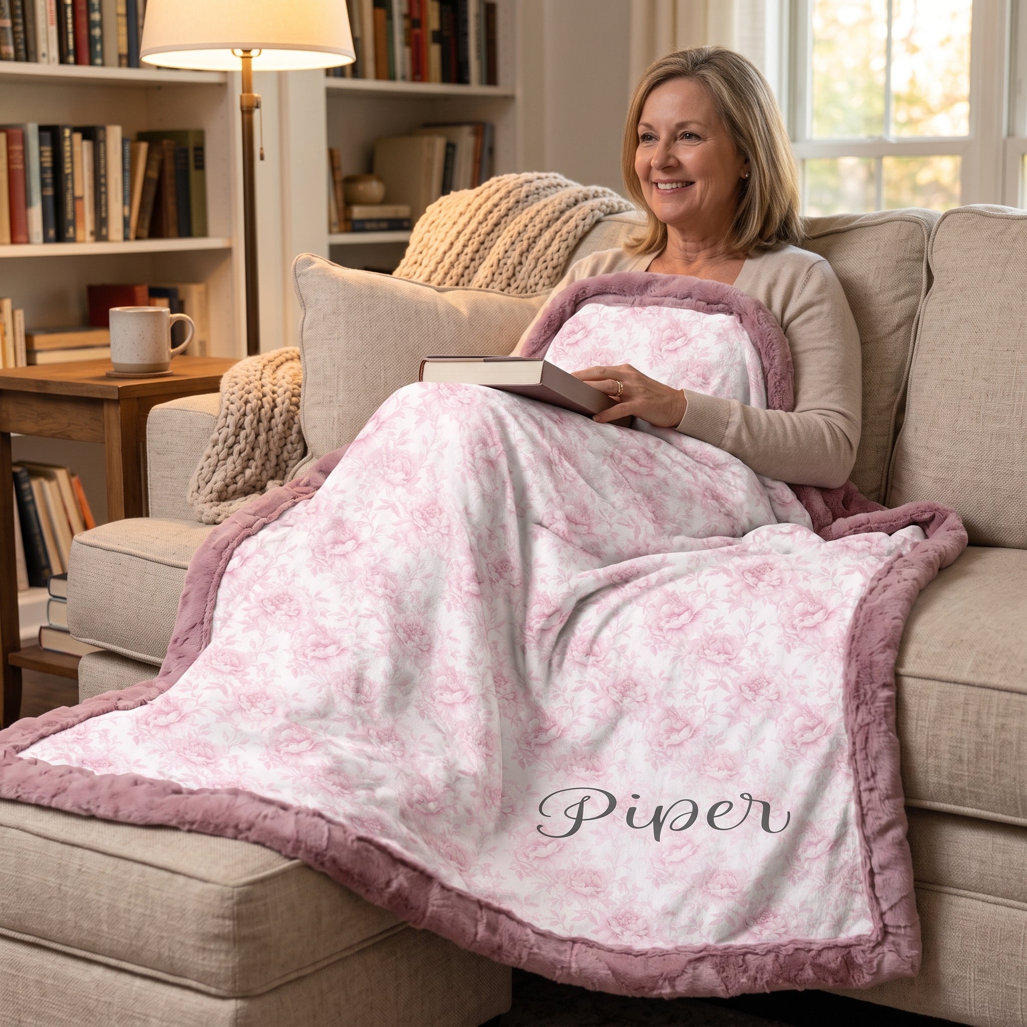 Woman reading with personalized pink floral minky blanket draped over her lap