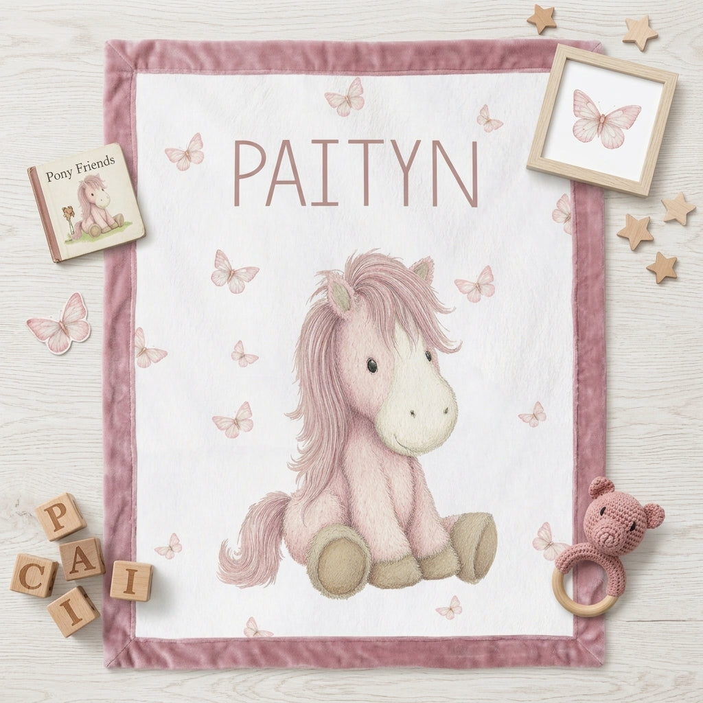 Personalized pony baby blanket with pink minky trim and butterflies, flat-laid with nursery props