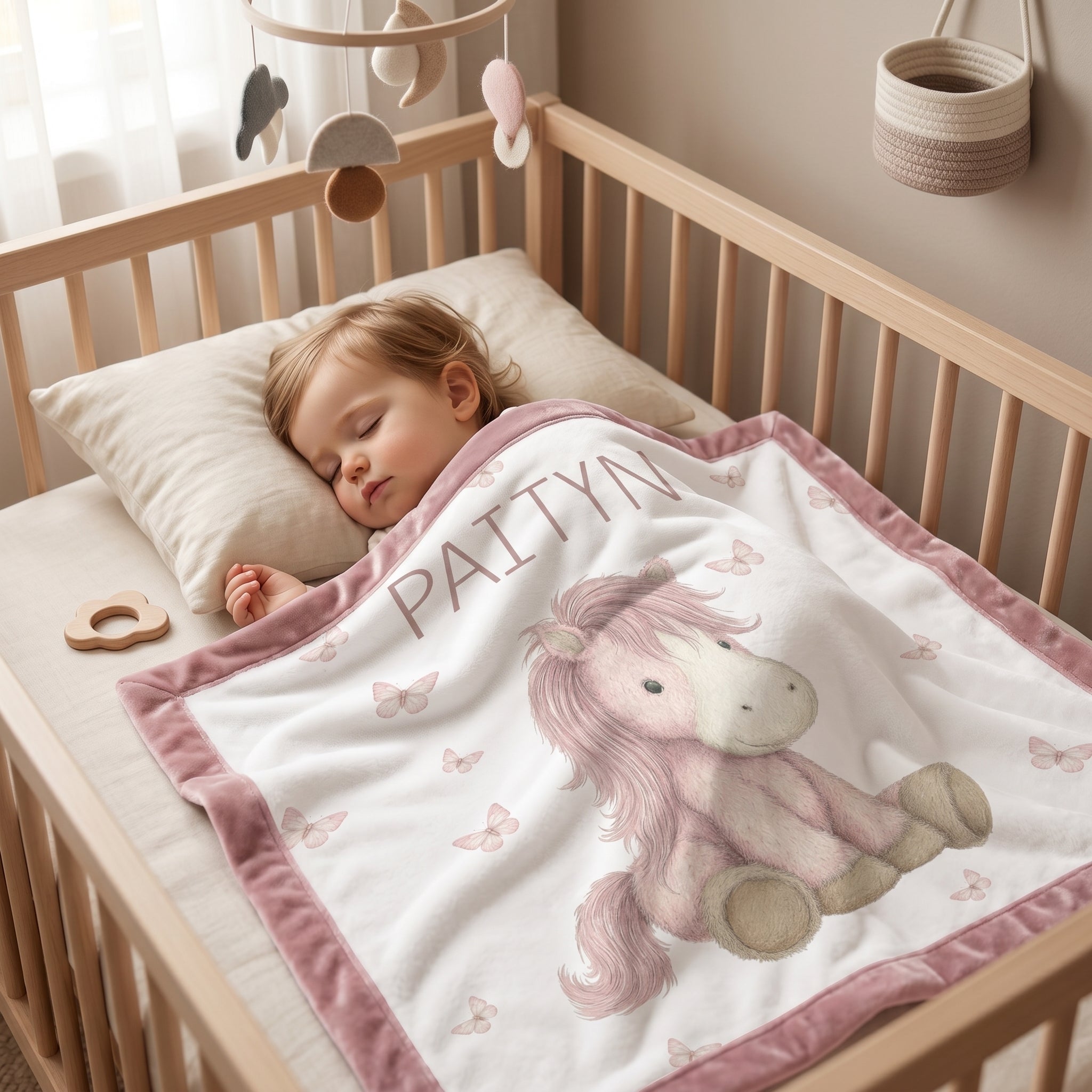 Toddler sleeping with personalized pony baby blanket, pink minky trim, in nursery crib