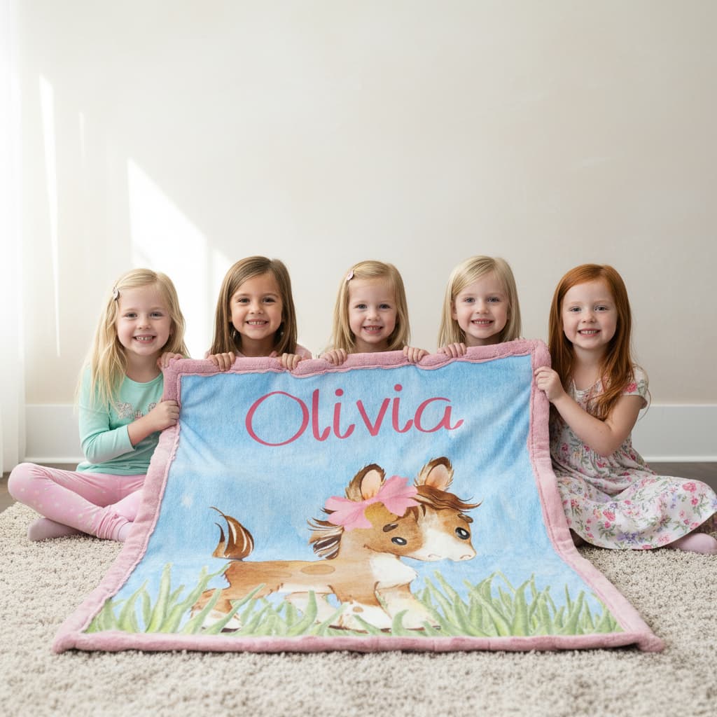 Five girls holding personalized pony minky baby blanket with custom name in bright playroom