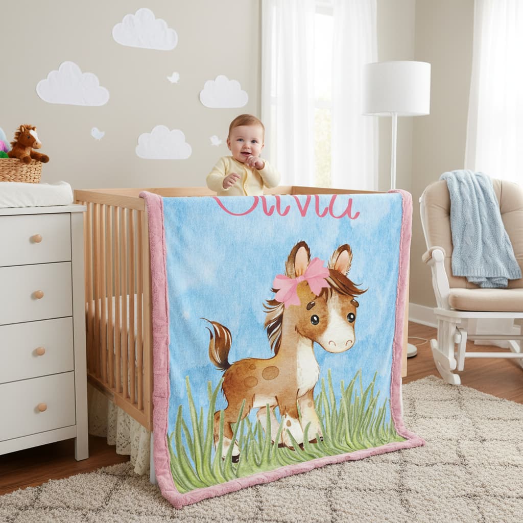 Personalized pony minky baby blanket with custom name hanging on white nursery crib with baby