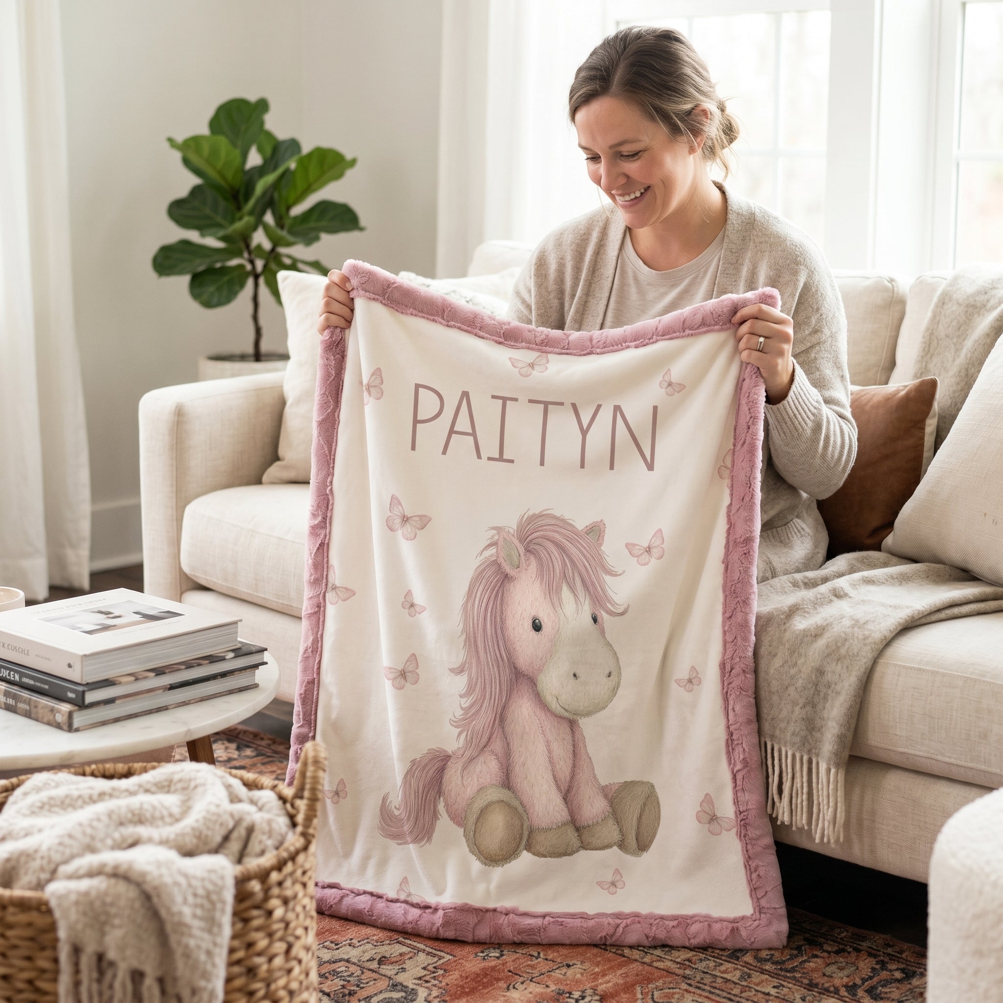 Woman holding personalized pony baby blanket with pink minky trim in living room