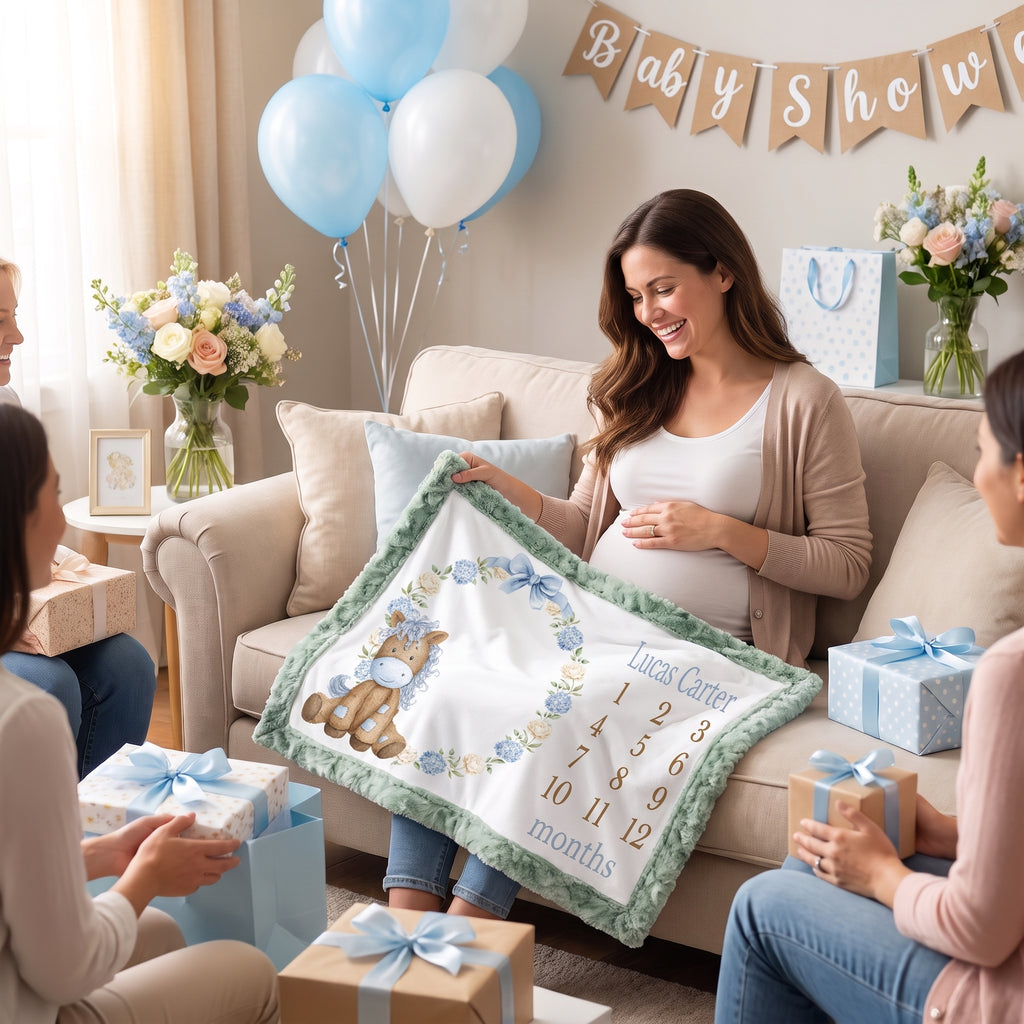 Personalized pony milestone minky blanket with sage trim opened at baby shower