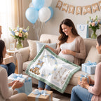 Personalized pony milestone minky blanket with sage trim opened at baby shower
