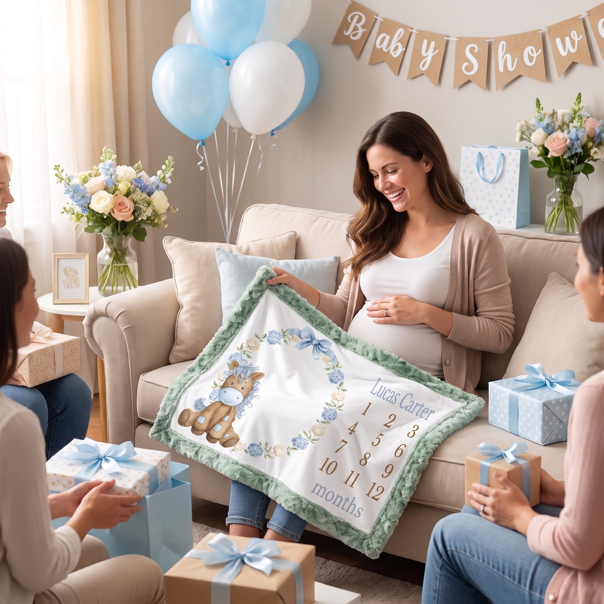 Personalized pony milestone minky blanket with sage trim opened at baby shower