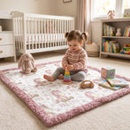 Toddler playing with stacking toy on personalized pony name blanket with pink trim