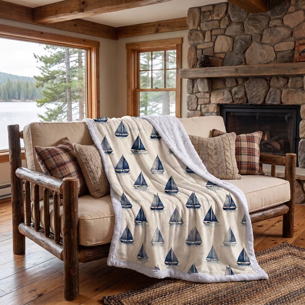 Personalized sailboat blanket draped over a cream sofa in a lakeside cabin living room