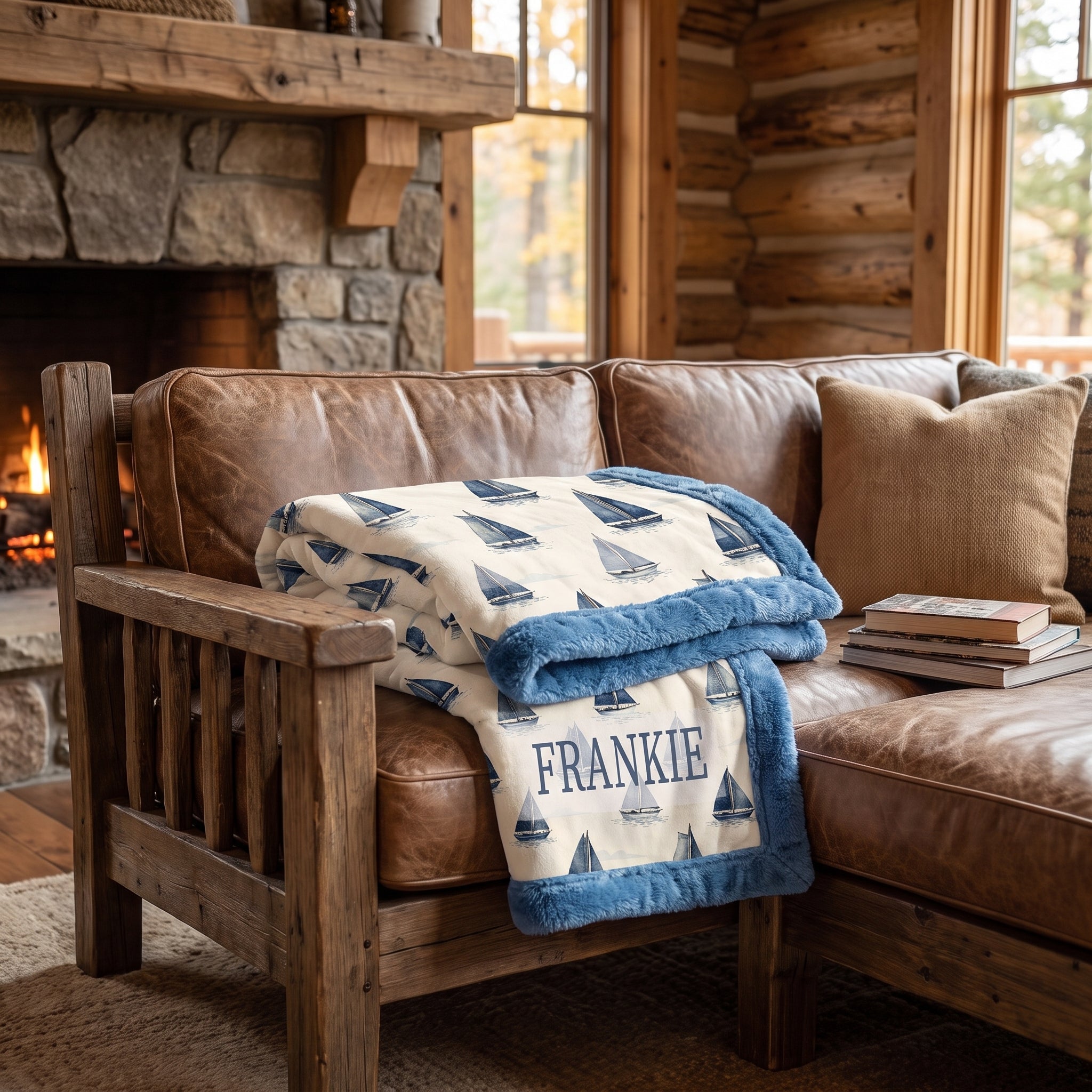 Personalized sailboat blanket folded on a leather couch in a cozy cabin living room