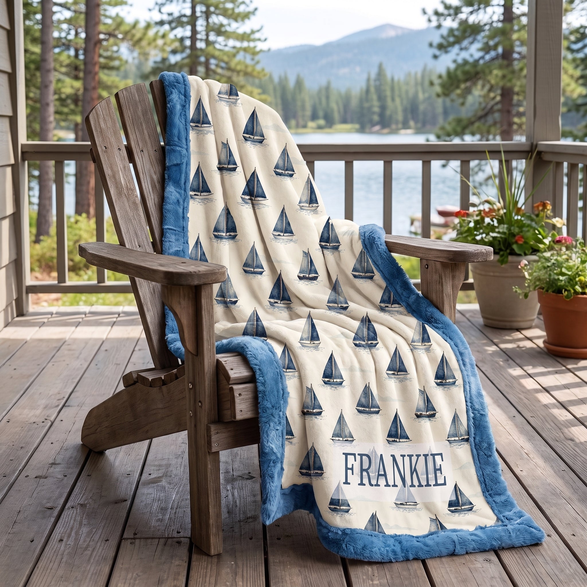 Personalized sailboat minky blanket draped over a porch chair overlooking a lake