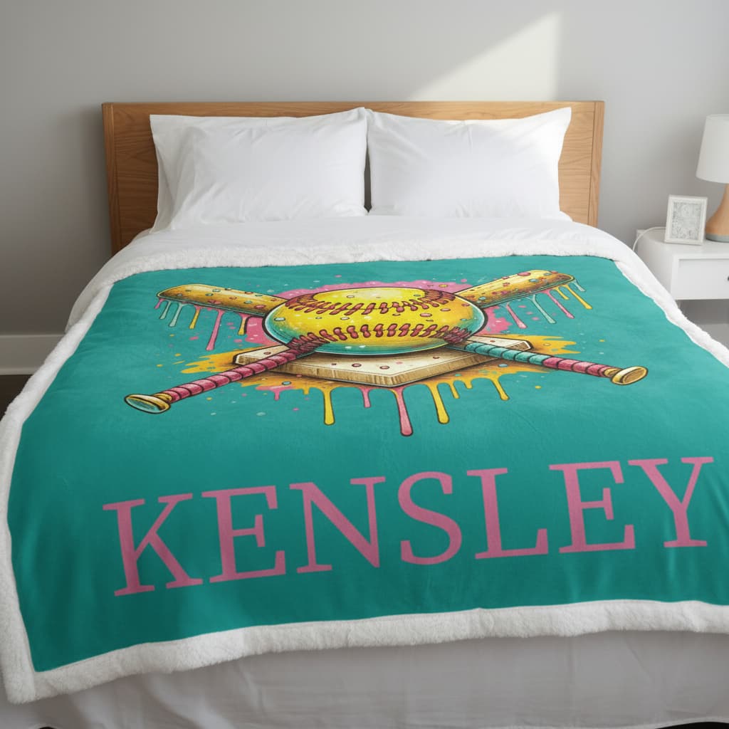 Personalized softball minky blanket laid on bed with white sherpa border