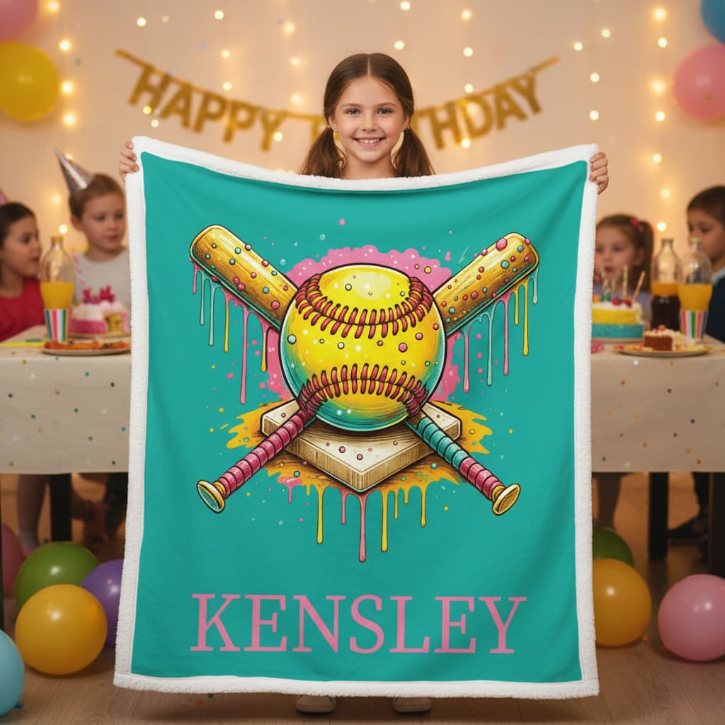 Girl holding personalized softball minky blanket with Kensley name at birthday party