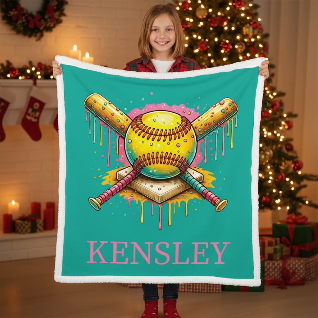 Girl holding personalized softball minky blanket with Kensley name by Christmas tree