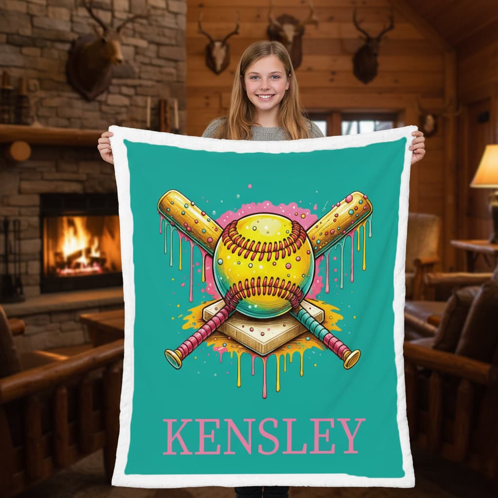 Teen girl holding personalized teal softball minky blanket with Kensley name in rustic cabin