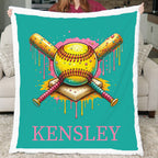 Woman holding personalized teal softball minky blanket with Kensley name in living room