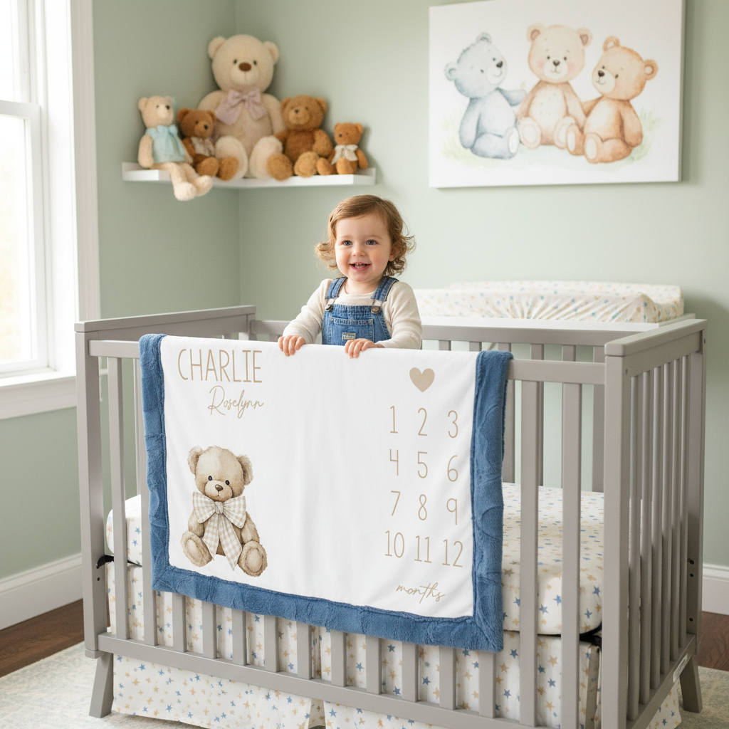 Toddler standing in crib holding personalized teddy bear milestone minky blanket with blue trim