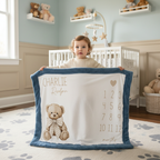 Toddler holding personalized teddy bear milestone minky blanket with blue trim in nursery