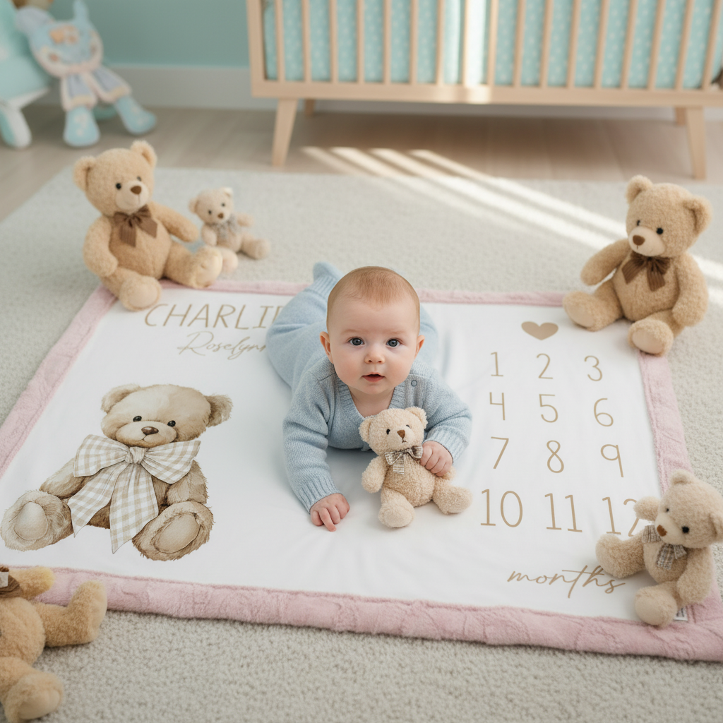 Baby lying on personalized teddy bear milestone minky blanket with pink trim surrounded by teddy bears