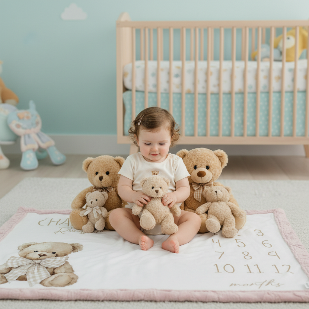 Baby sitting on personalized teddy bear milestone minky blanket with pink trim holding a teddy bear