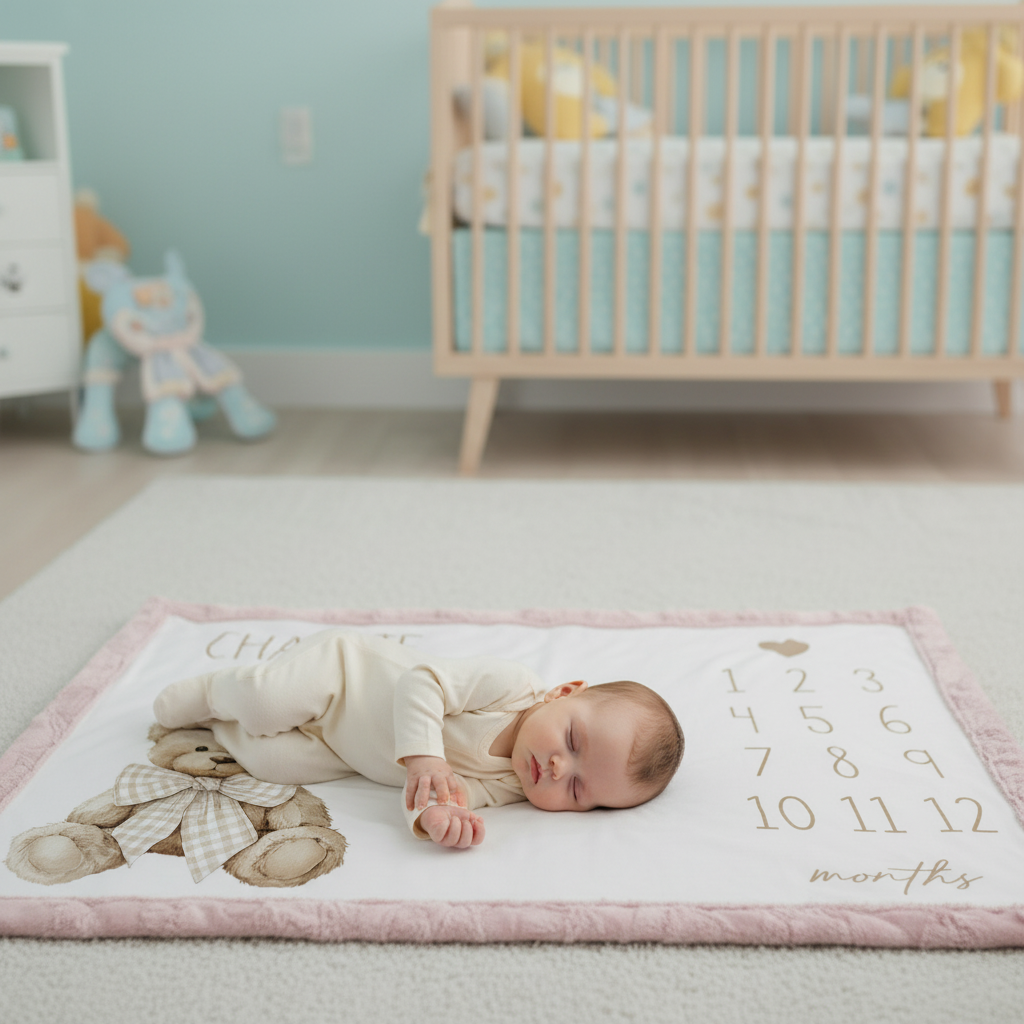 Baby sleeping on personalized teddy bear milestone minky blanket with pink trim on nursery floor