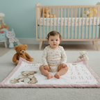 Toddler sitting on personalized teddy bear milestone minky blanket with pink trim beside stuffed bears