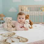 Baby lying on personalized teddy bear milestone minky blanket surrounded by plush teddy bears
