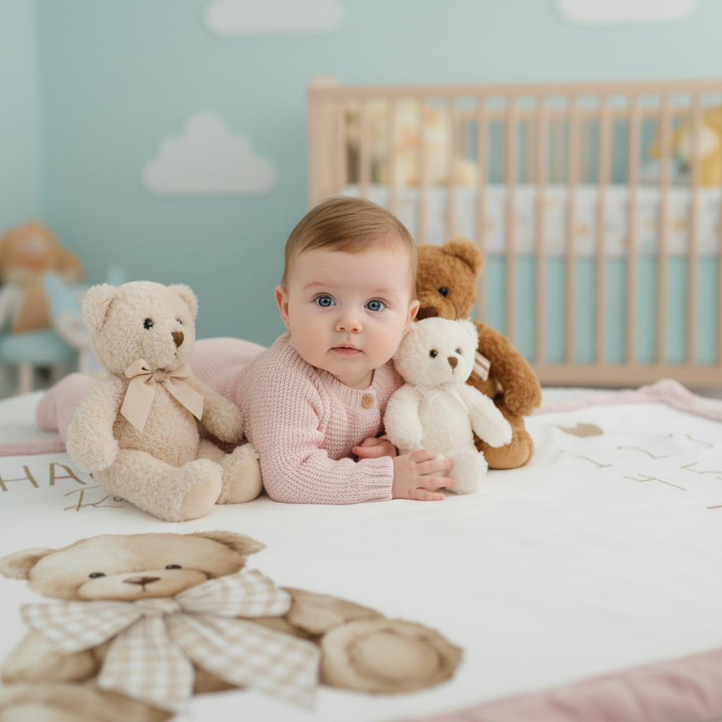 Baby lying on personalized teddy bear milestone minky blanket surrounded by plush teddy bears