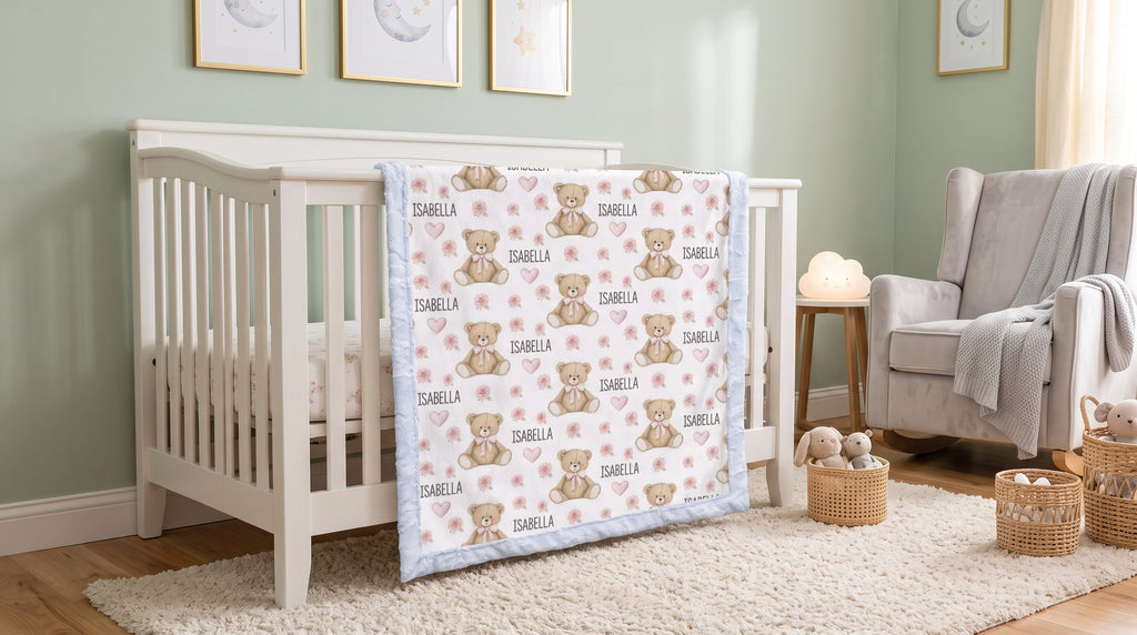Personalized teddy bear minky baby blanket with blue trim draped over white nursery crib