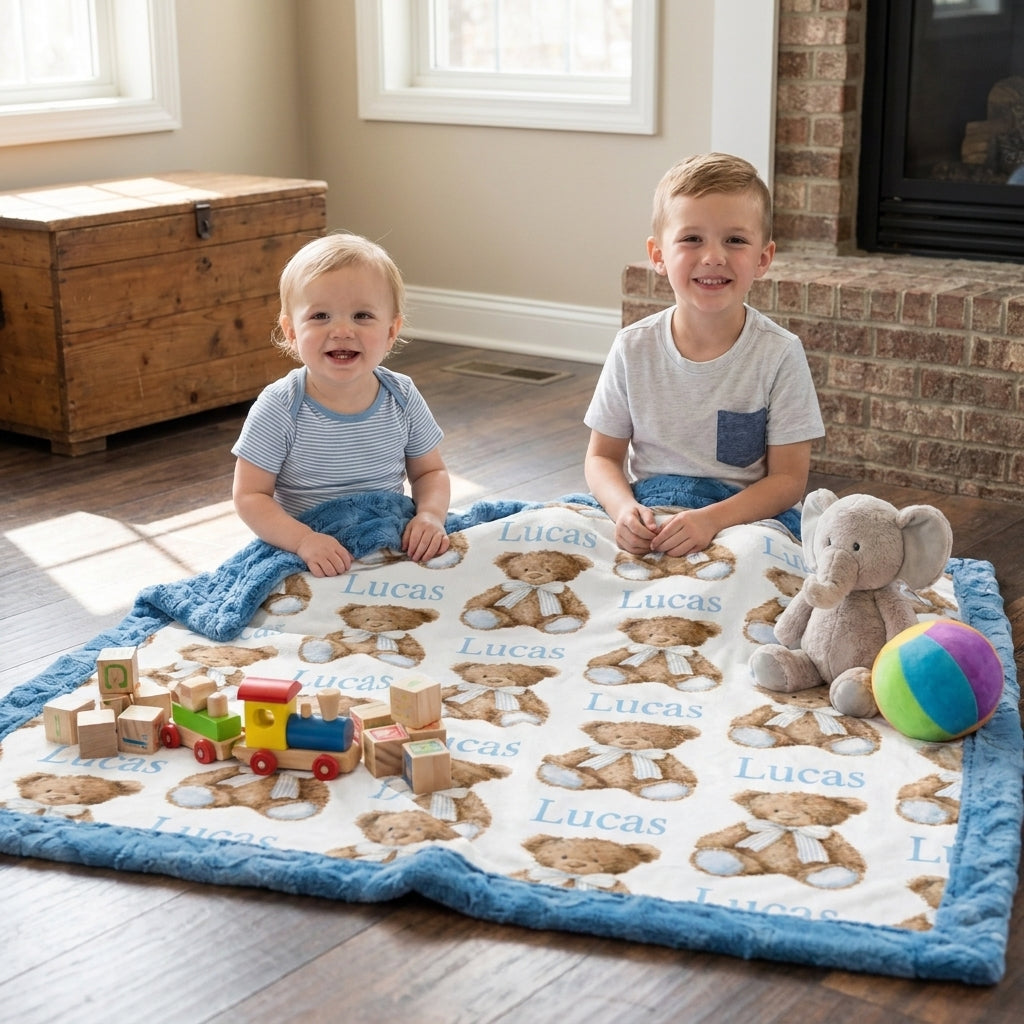 Personalized minky baby blanket laid flat with two boys and toys, teddy bear print with blue trim