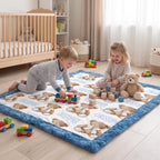 Personalized teddy bear minky baby blanket used as a playmat with kids and toys in nursery