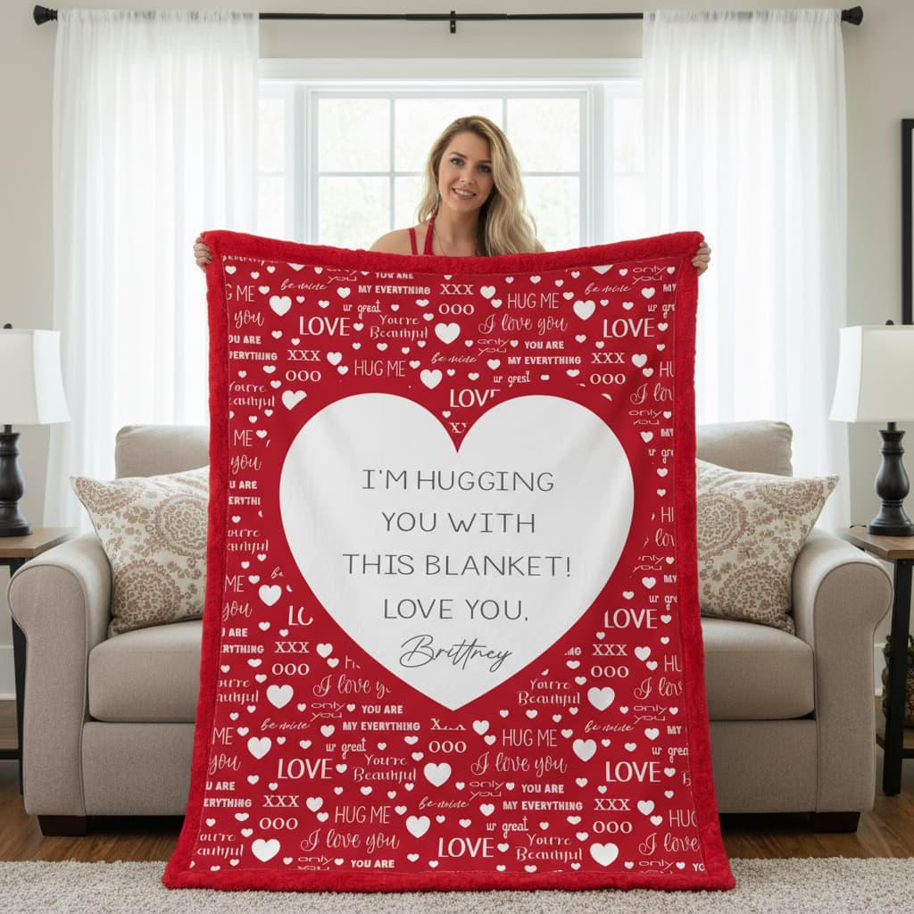 Woman holding a red blanket with personalized text in a living room.