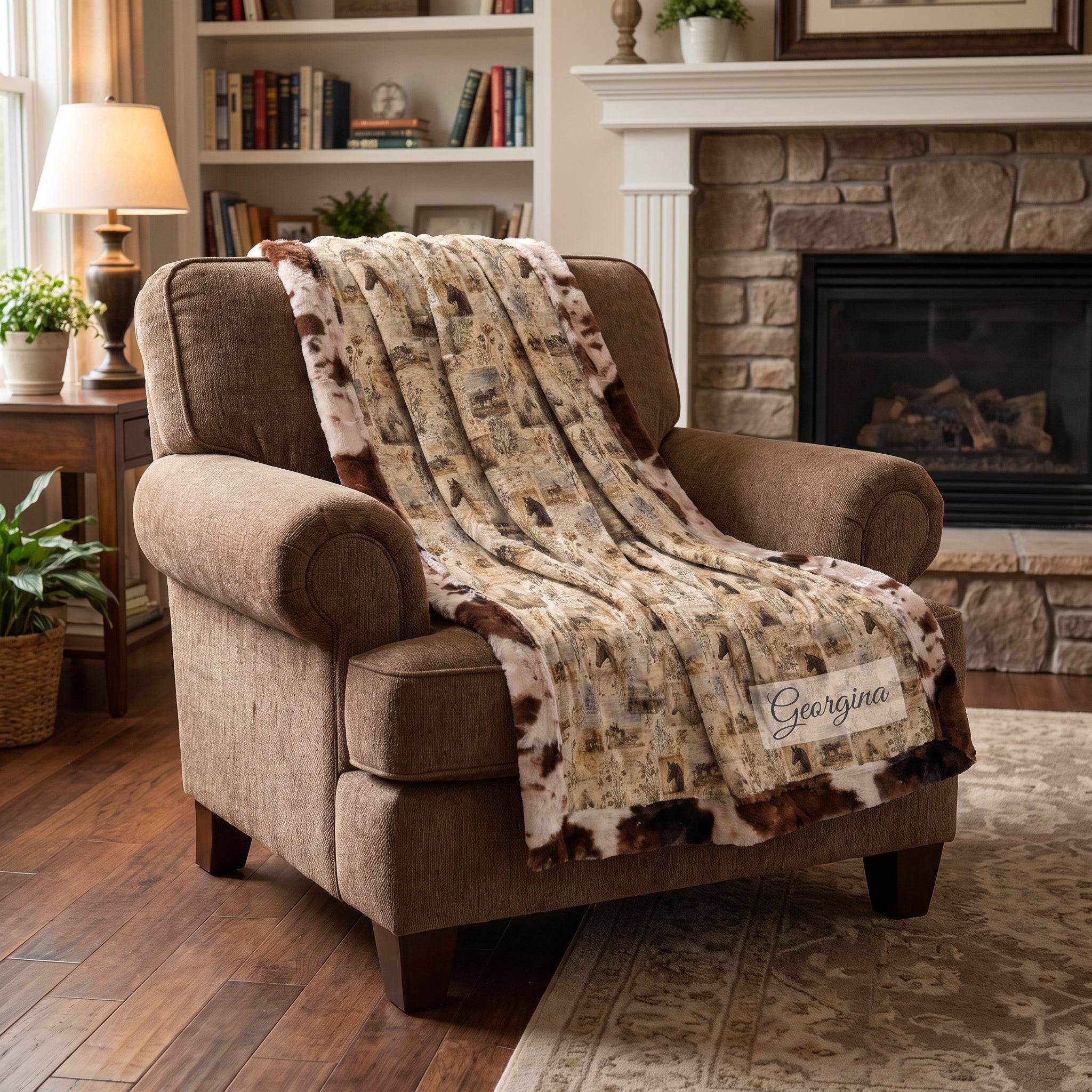 Personalized western horse blanket draped over armchair, cow print faux fur trim