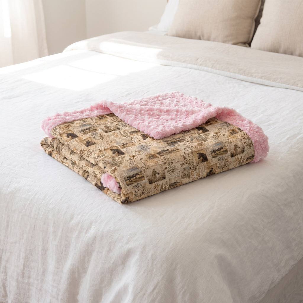 Personalized western horse blanket folded on bed, pink rosette faux fur trim