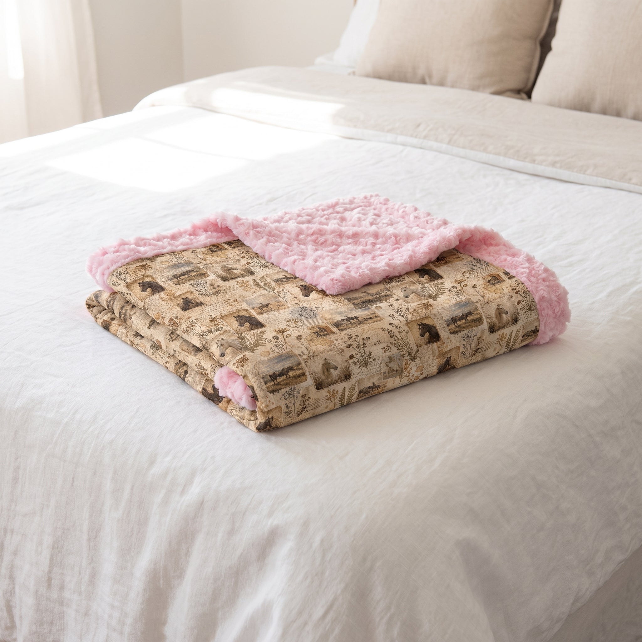 Personalized western horse blanket folded on bed, pink rosette faux fur trim