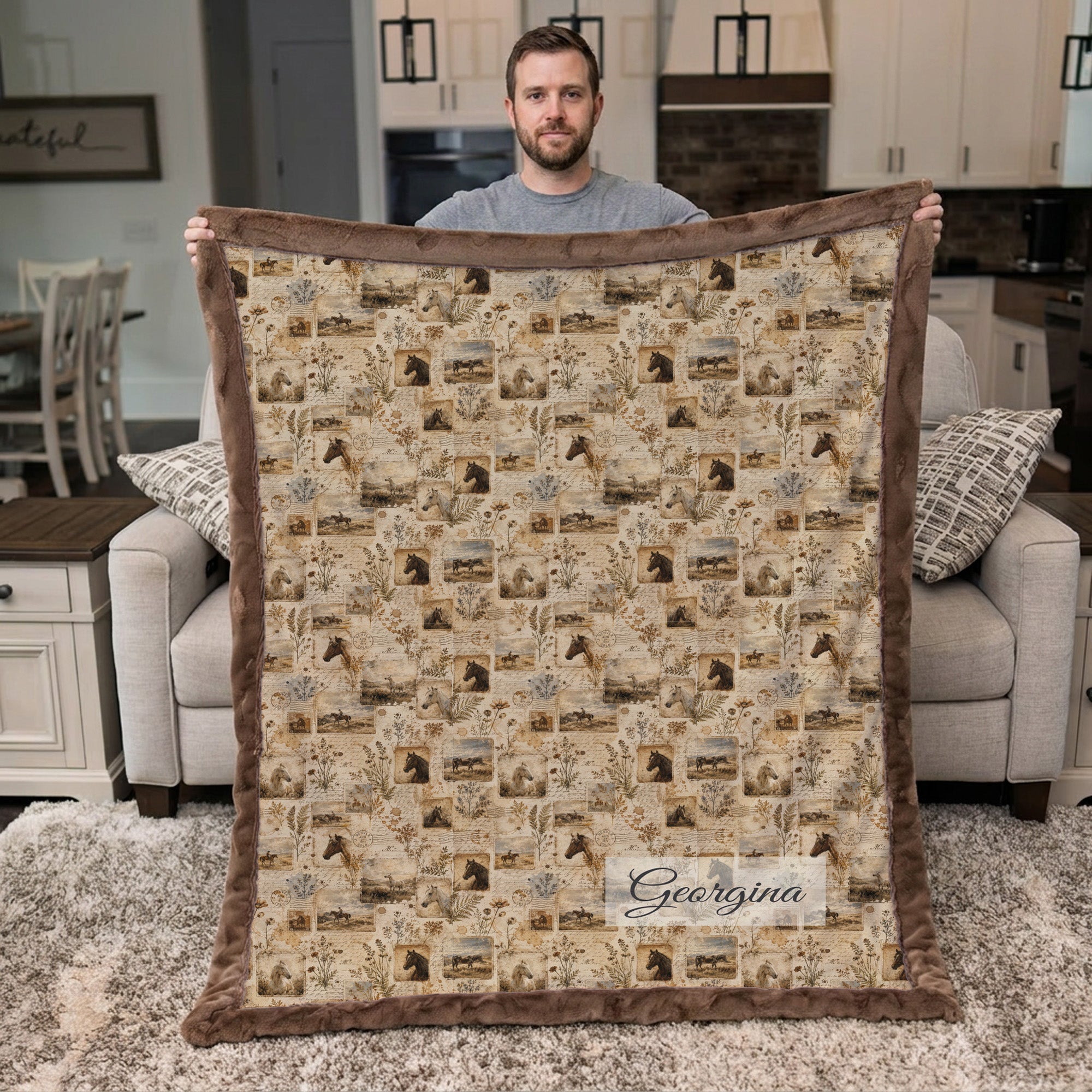 Man holding personalized western horse blanket with custom name, brown faux fur trim