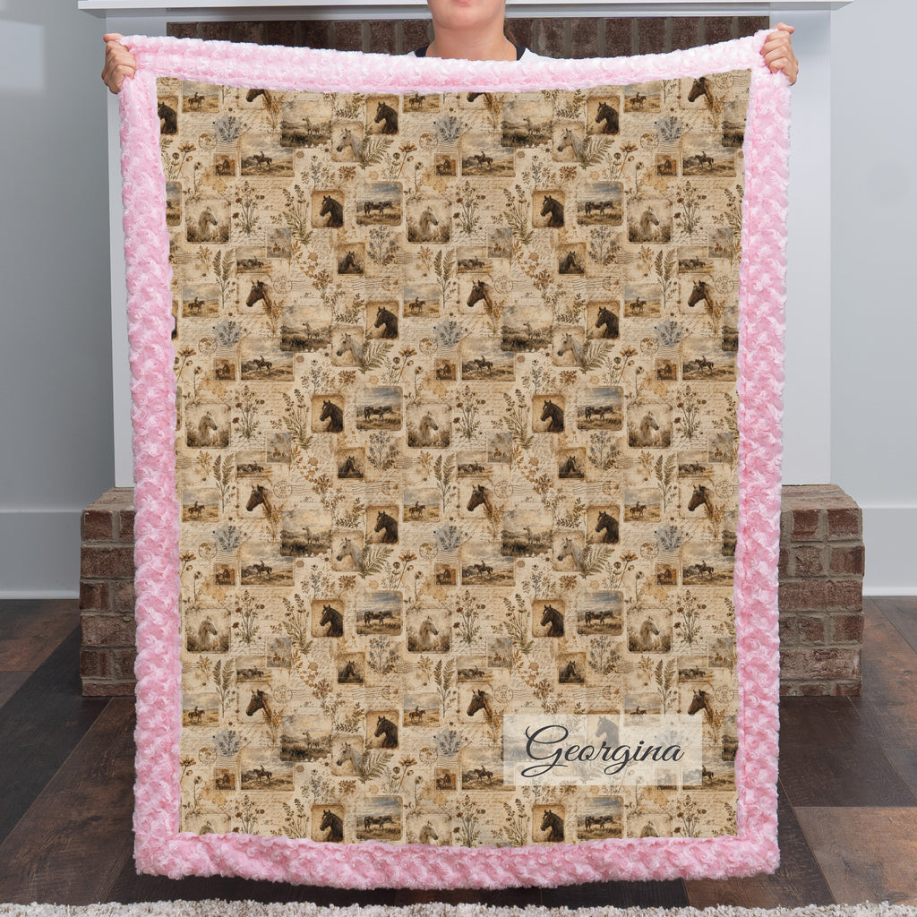 Woman holding personalized western horse blanket with custom name, pink rosette faux fur trim